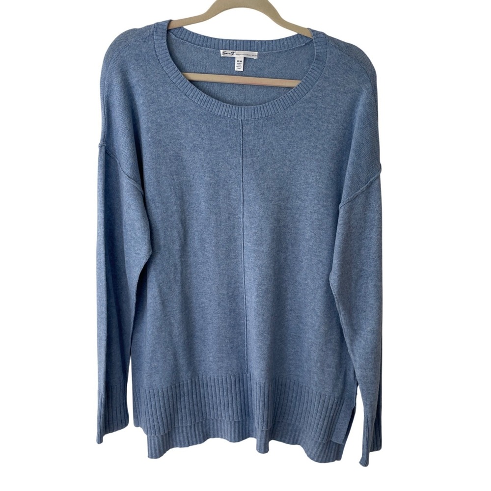 Seven7 Sweater Blue Cotton Cashmere Blend Exposed Seam High Low Hem Ribbed Sz M
